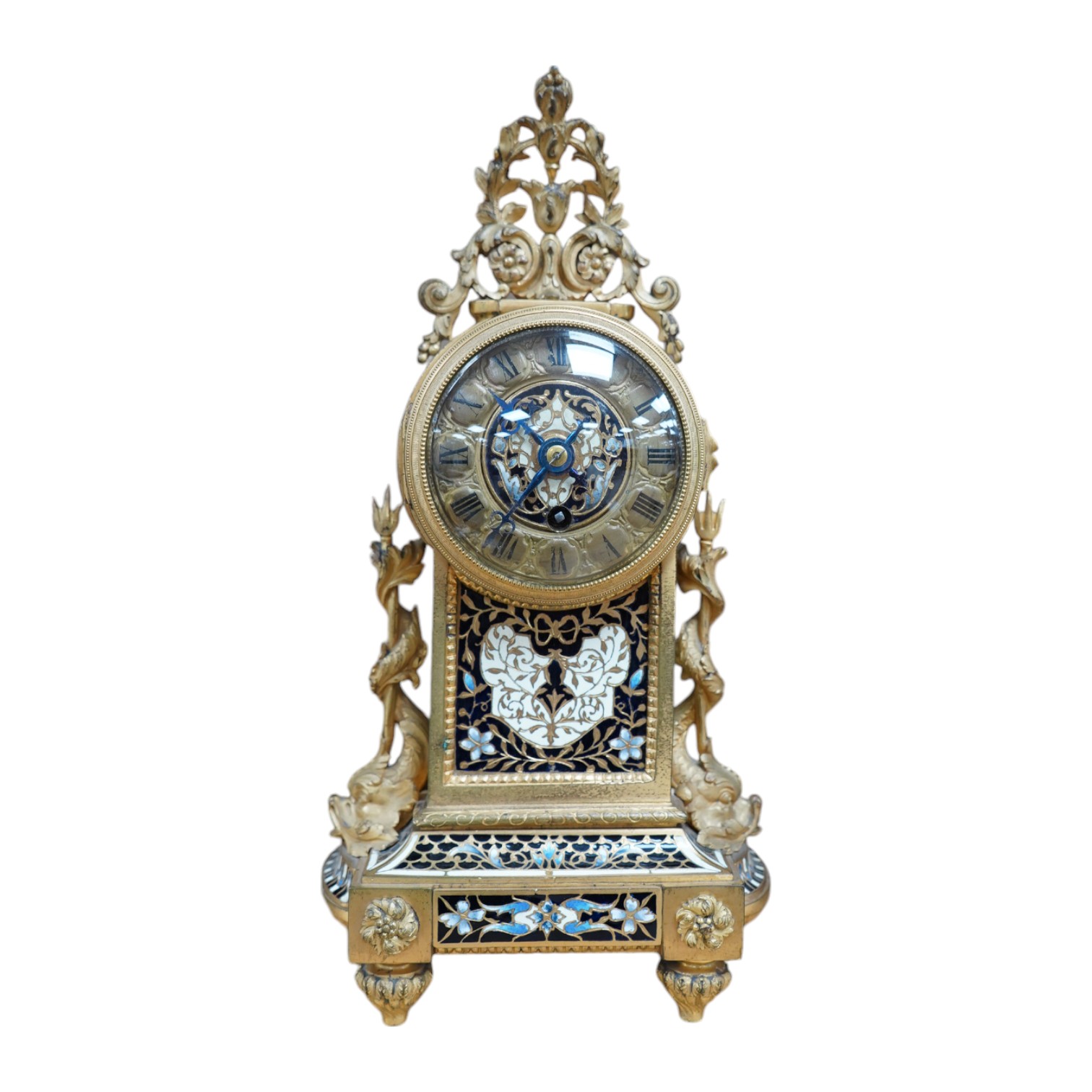 A French champleve mantle timepiece, with balance escapement, 27cm high. Condition - fair to good.